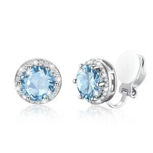 Aquamarine Blue Sterling Silver Clip on Stud Earrings Round March Birthstone